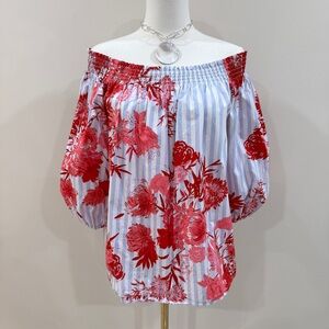 INC Off Shoulder Floral Blue Stripe Blouse Puff Sleeve Boho Coastal Cottage Sz L